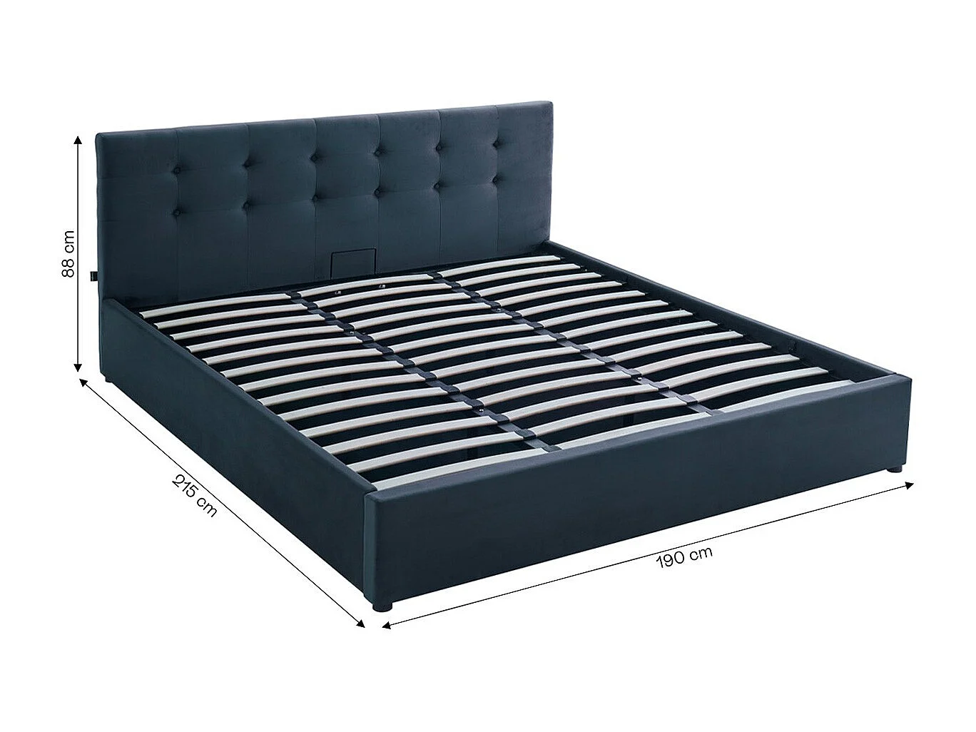 Lit coffre adulte 180x200 cm avec tête de lit matelassée en velours gris foncé et sommier - Tina