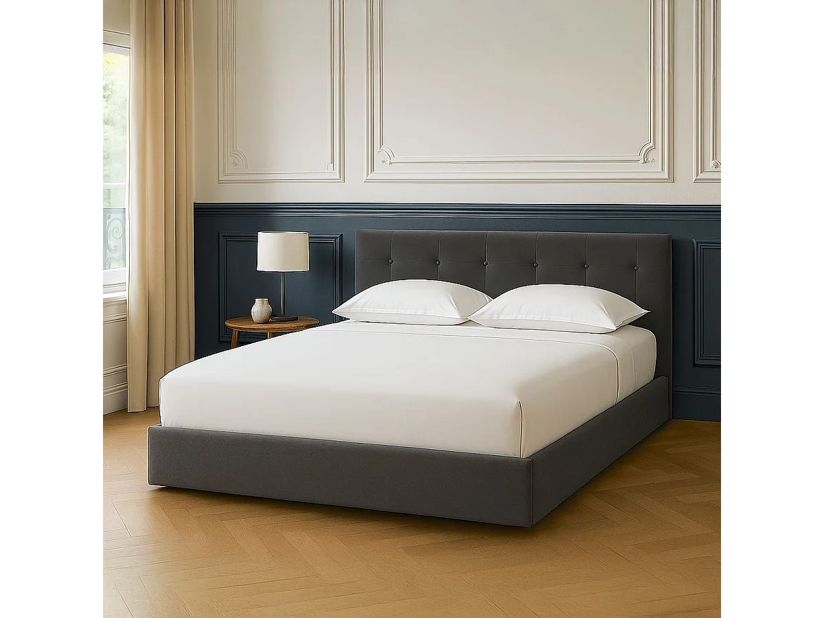Lit coffre adulte 180x200 cm avec tête de lit matelassée en velours gris foncé et sommier - Tina