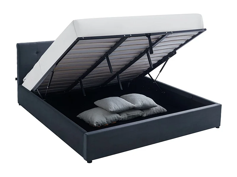 Lit coffre adulte 180x200 cm avec tête de lit matelassée en velours gris foncé et sommier - Tina