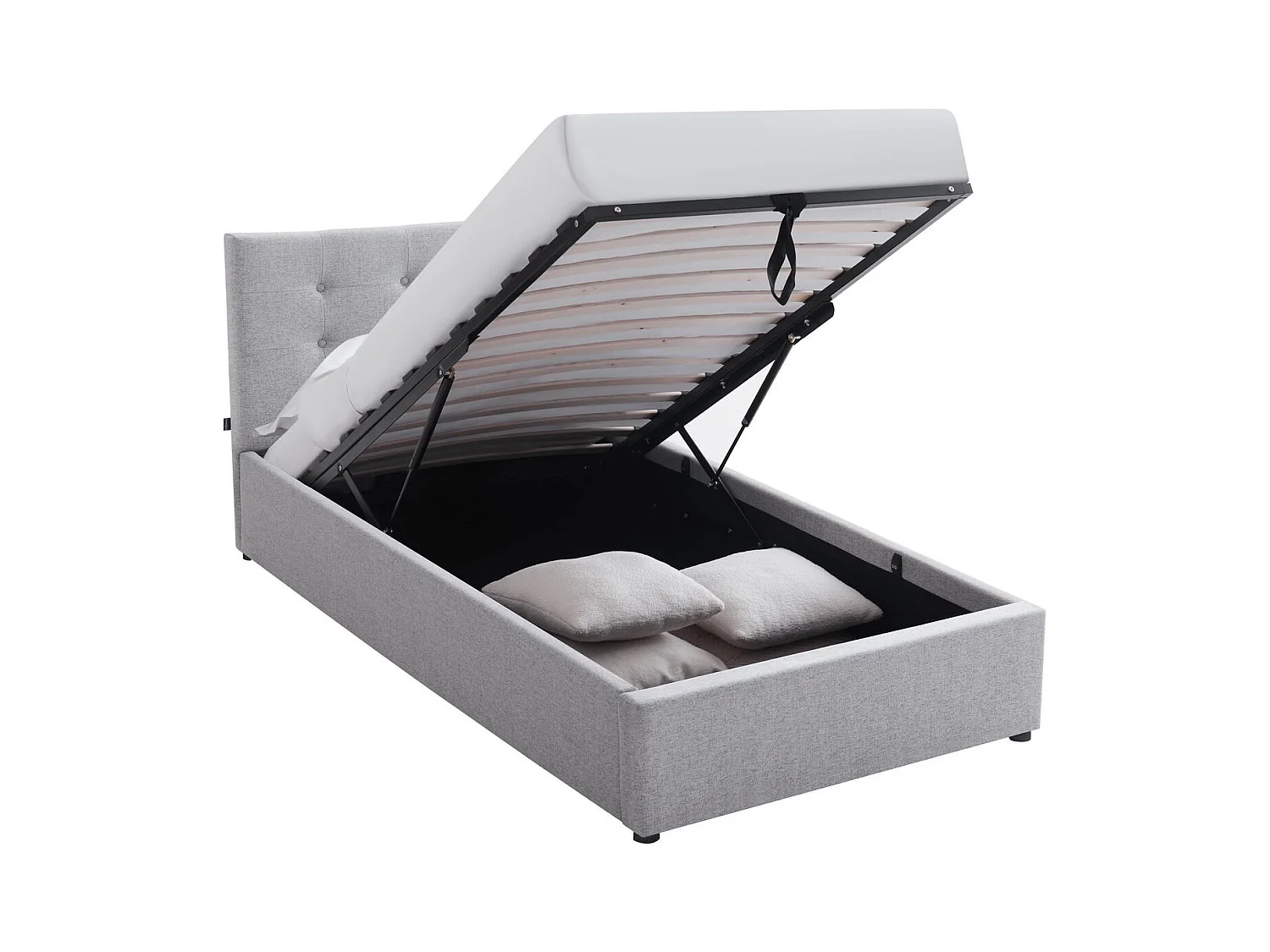 Lit coffre adulte 90x190 cm avec tête de lit matelassée en tissu gris et sommier - Tina