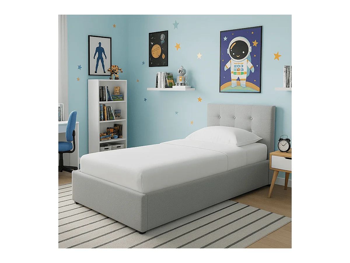 Lit coffre adulte 90x190 cm avec tête de lit matelassée en tissu gris et sommier - Tina