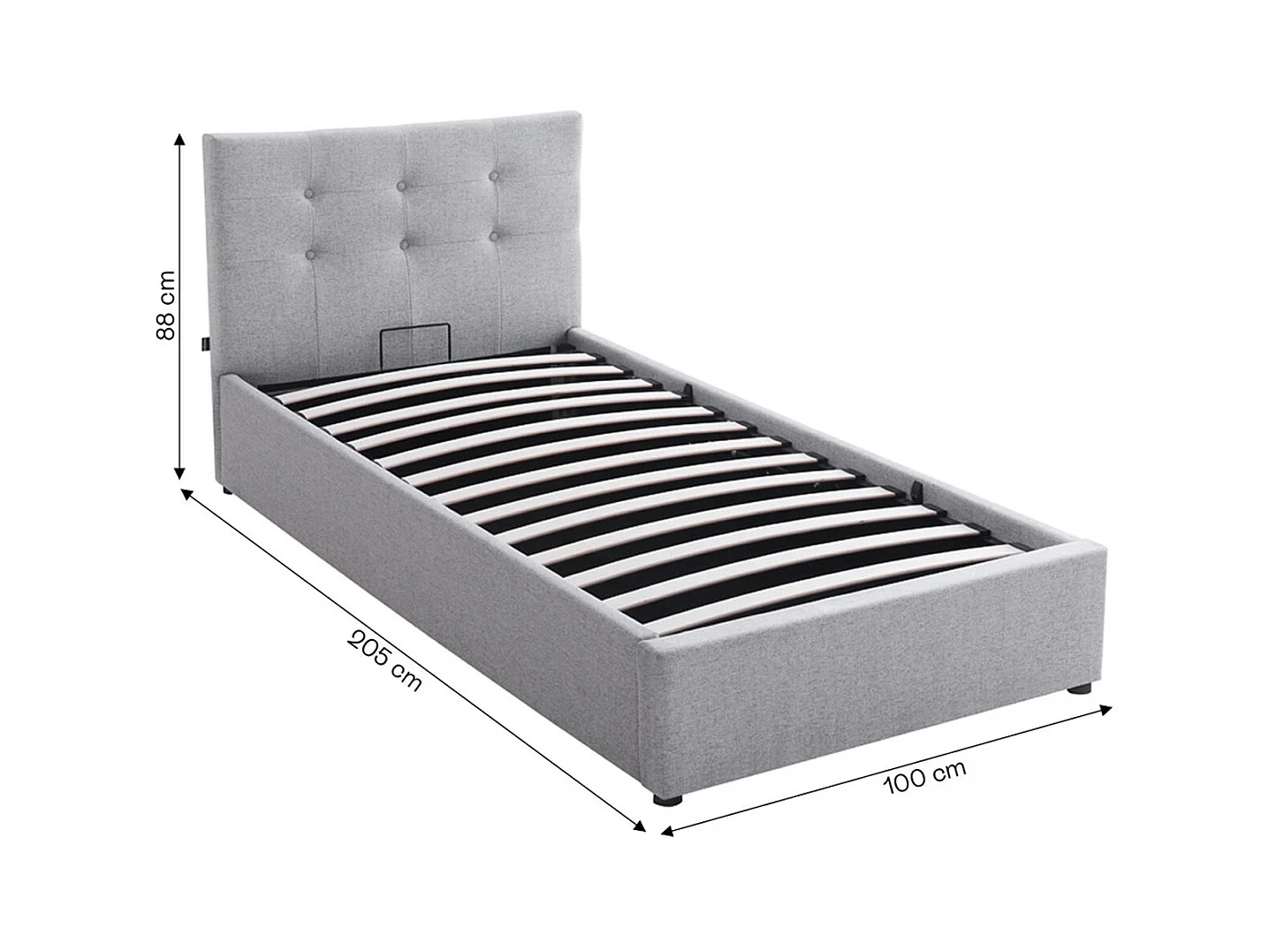 Lit coffre adulte 90x190 cm avec tête de lit matelassée en tissu gris et sommier - Tina