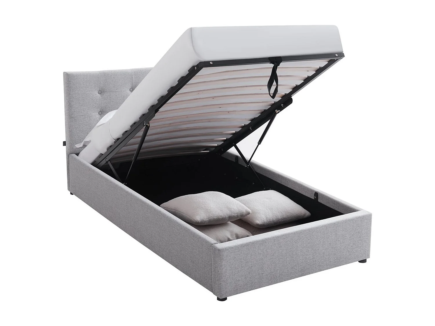 Lit coffre adulte 90x190 cm avec tête de lit matelassée en tissu gris et sommier - Tina
