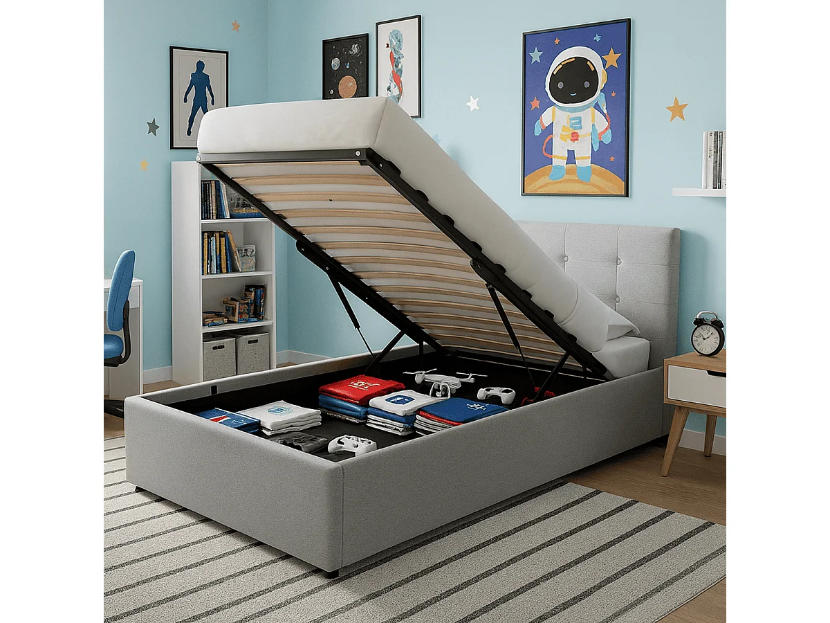 Lit coffre adulte 90x190 cm avec tête de lit matelassée en tissu gris et sommier - Tina