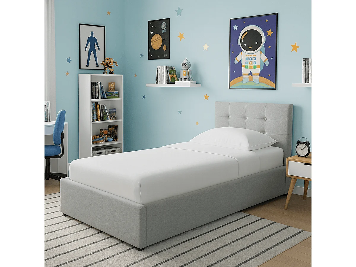 Lit coffre adulte 90x190 cm avec tête de lit matelassée en tissu gris et sommier - Tina