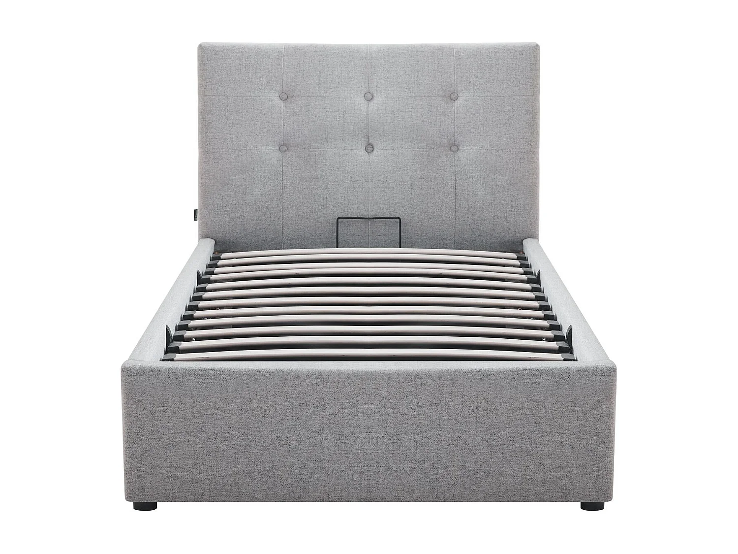 Lit coffre adulte 90x190 cm avec tête de lit matelassée en tissu gris et sommier - Tina