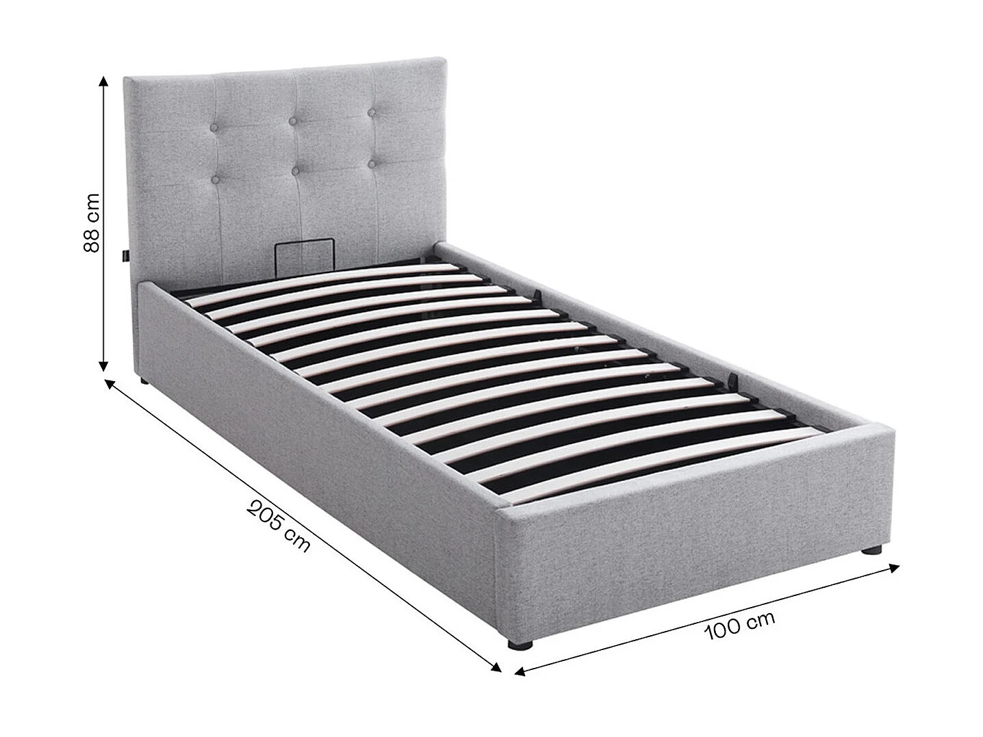 Lit coffre adulte 90x190 cm avec tête de lit matelassée en tissu gris et sommier - Tina