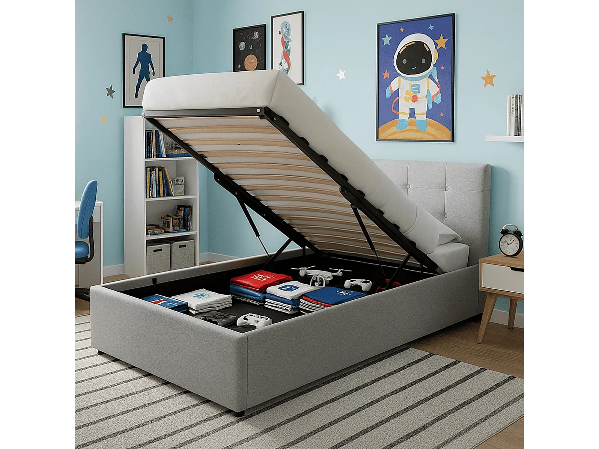 Lit coffre adulte 90x190 cm avec tête de lit matelassée en tissu gris et sommier - Tina