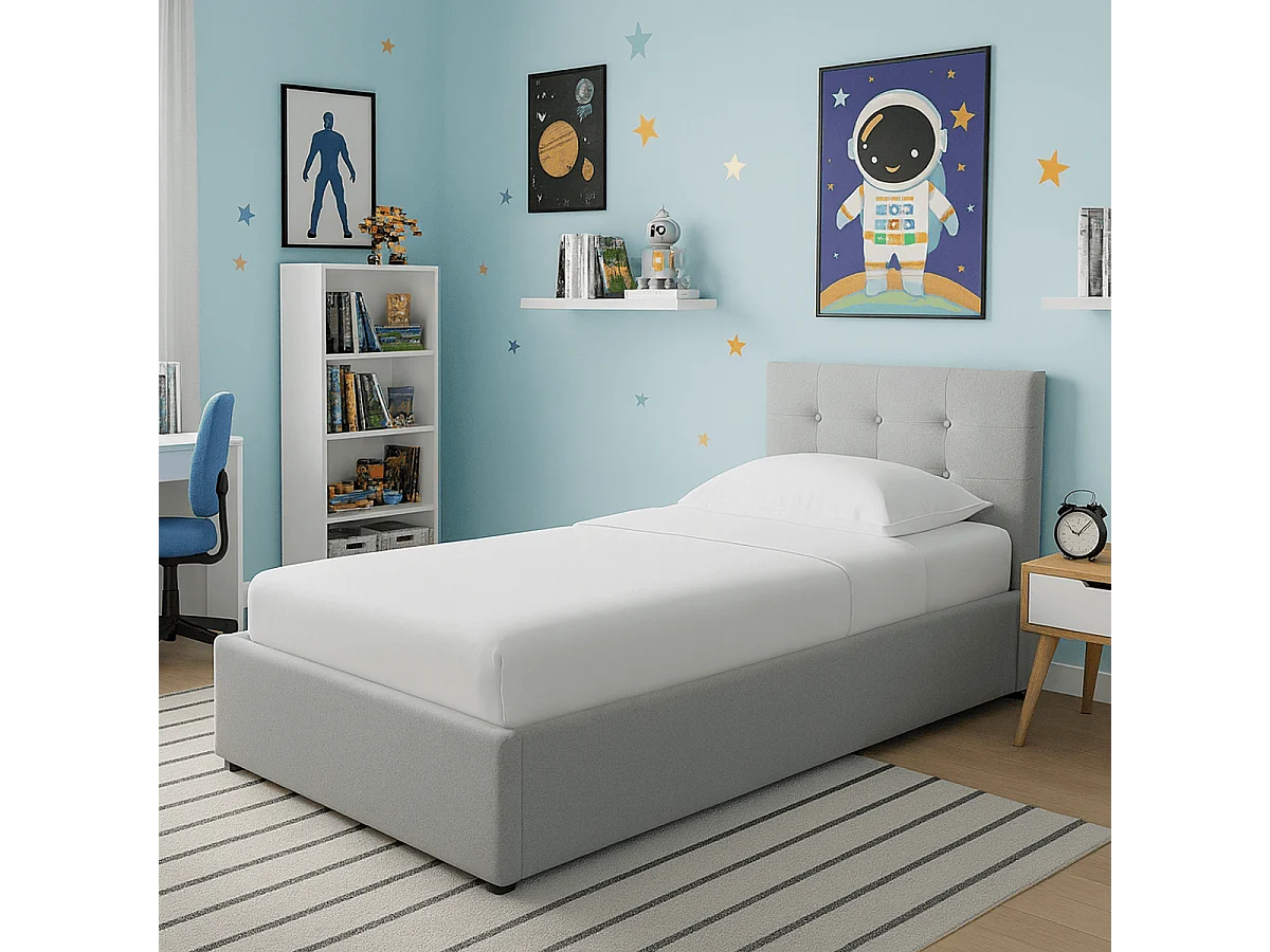 Lit coffre adulte 90x190 cm avec tête de lit matelassée en tissu gris et sommier - Tina