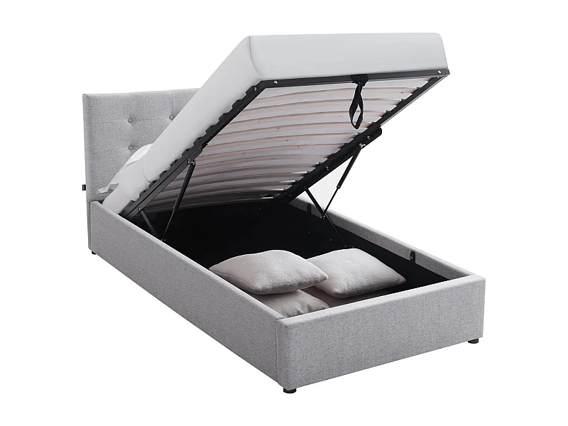 Lit coffre adulte 90x190 cm avec tête de lit matelassée en tissu gris et sommier - Tina
