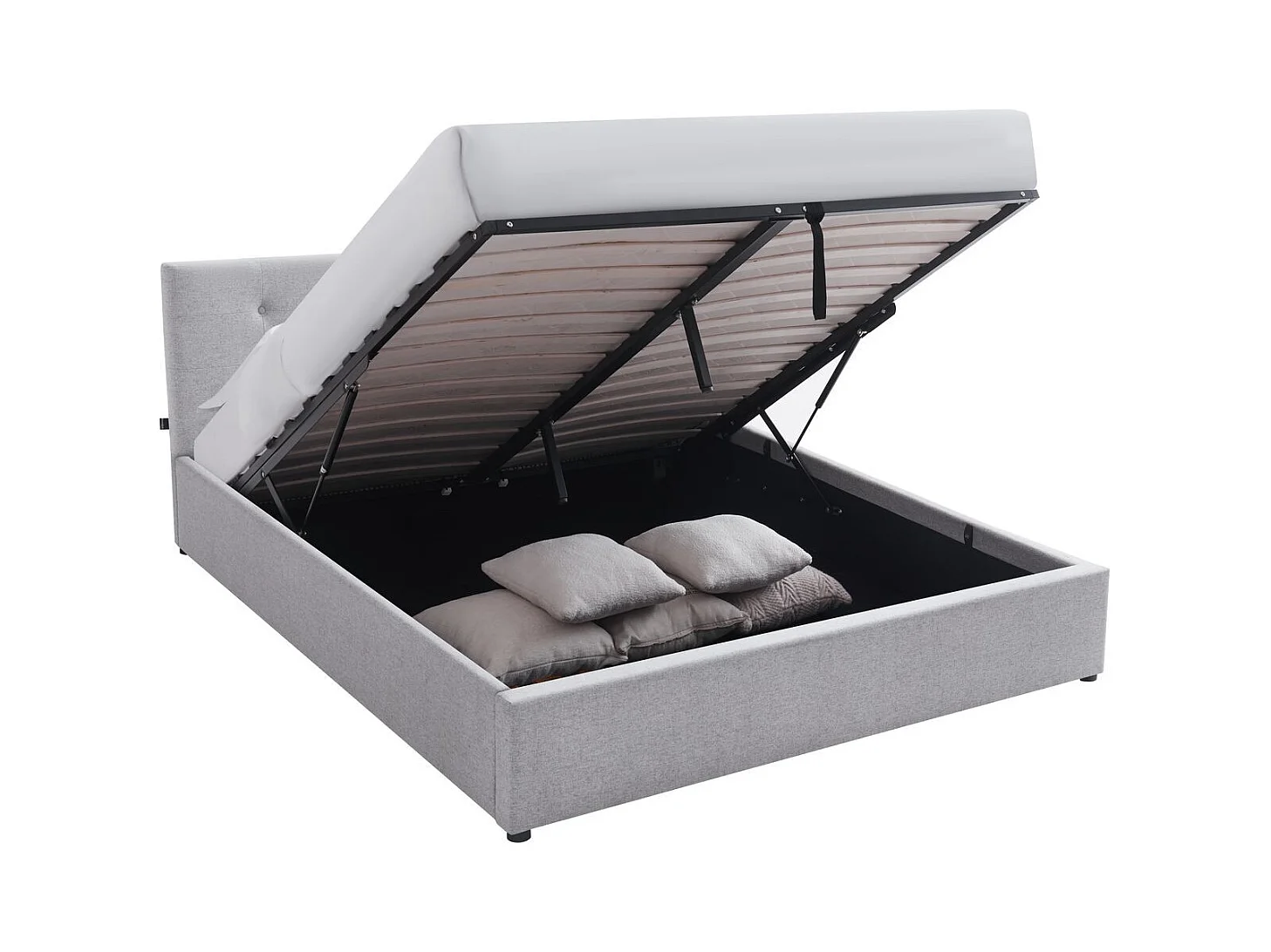 Lit coffre adulte 140x190 cm avec tête de lit matelassée en tissu gris et sommier - Tina