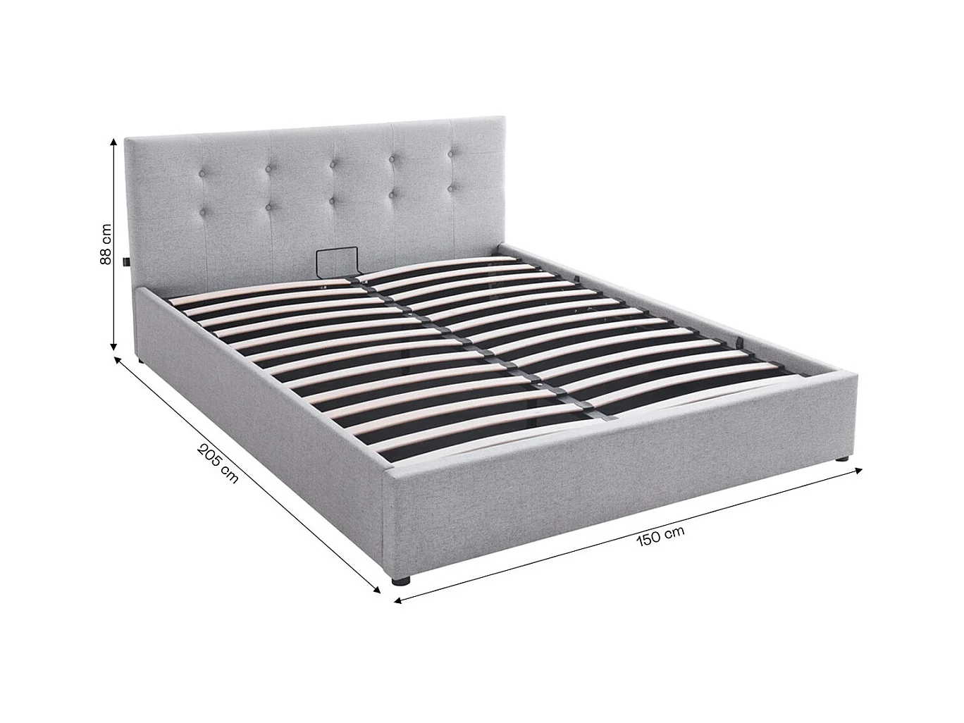 Lit coffre adulte 140x190 cm avec tête de lit matelassée en tissu gris et sommier - Tina