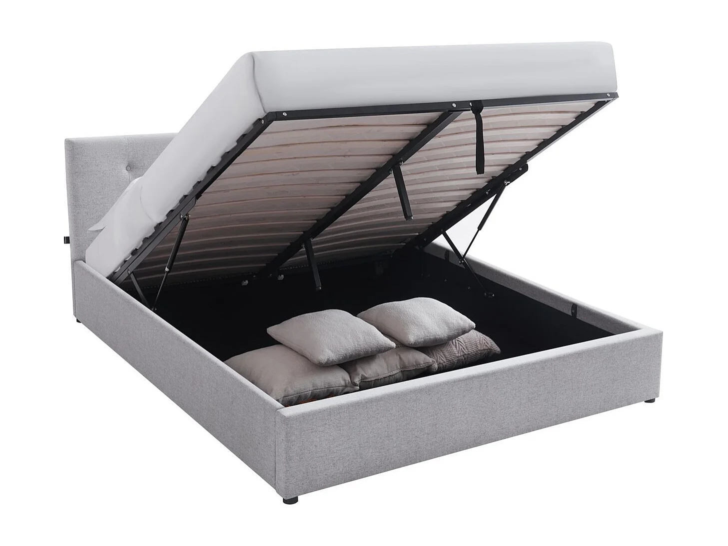 Lit coffre adulte 140x190 cm avec tête de lit matelassée en tissu gris et sommier - Tina