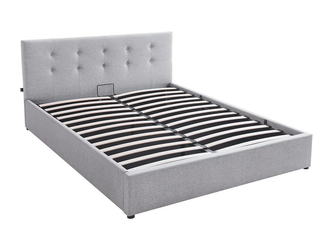 Lit coffre adulte 140x190 cm avec tête de lit matelassée en tissu gris et sommier - Tina