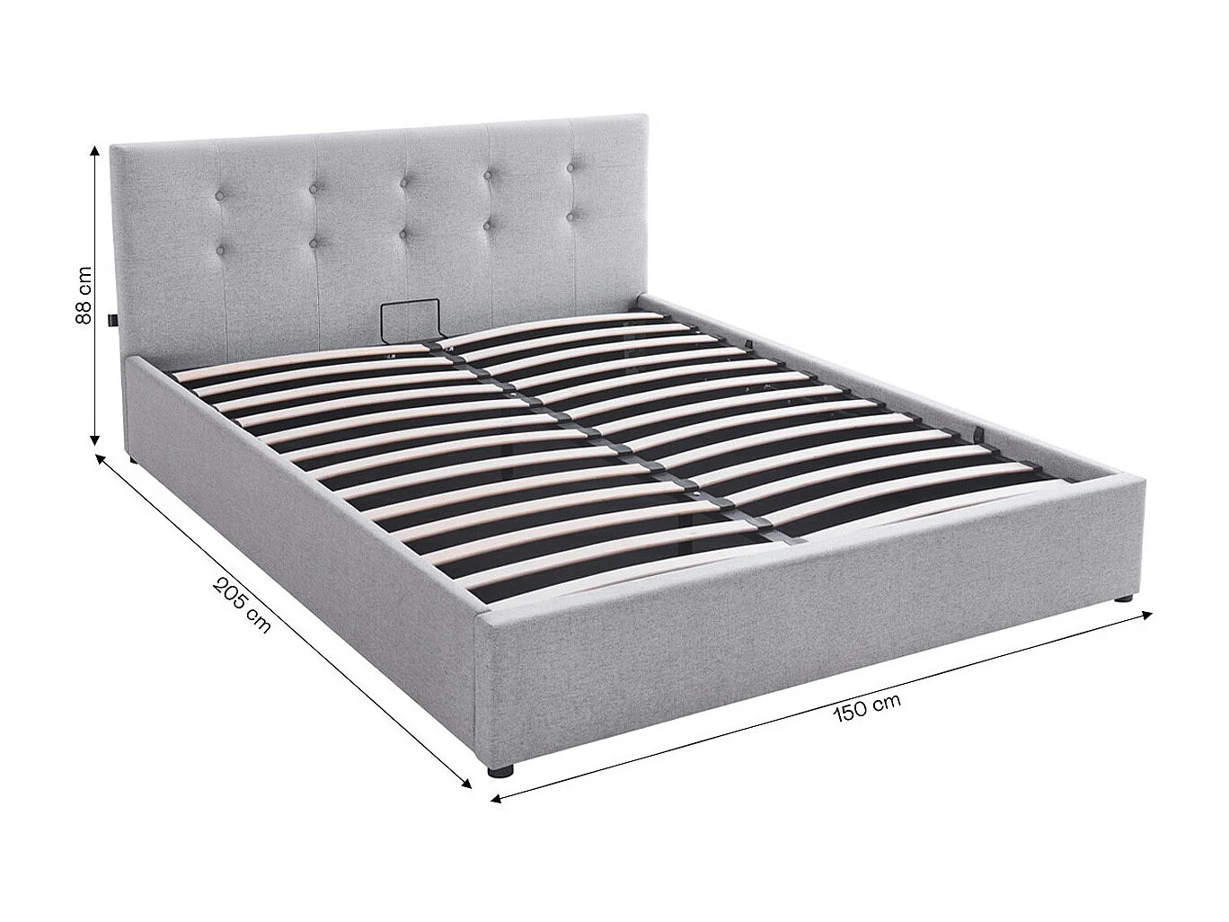 Lit coffre adulte 140x190 cm avec tête de lit matelassée en tissu gris et sommier - Tina