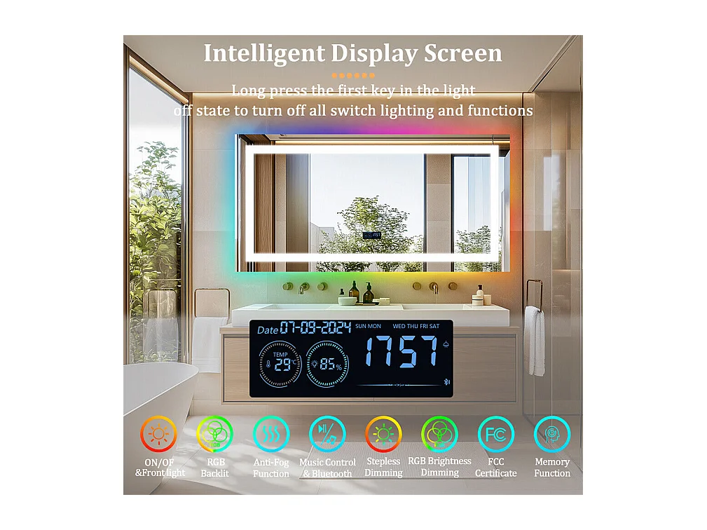 Badkamerspiegel 151x78cm RGB en LED verstelbaar + anti-condens + Bluetooth 5.2 + Klok + 3 kleuren 4 knoppen