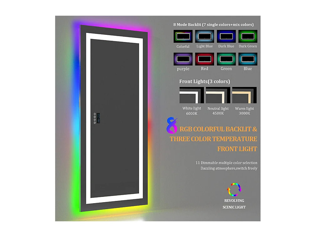 Badkamerspiegel 151x78cm RGB en LED verstelbaar + anti-condens + Bluetooth 5.2 + Klok + 3 kleuren 4 knoppen