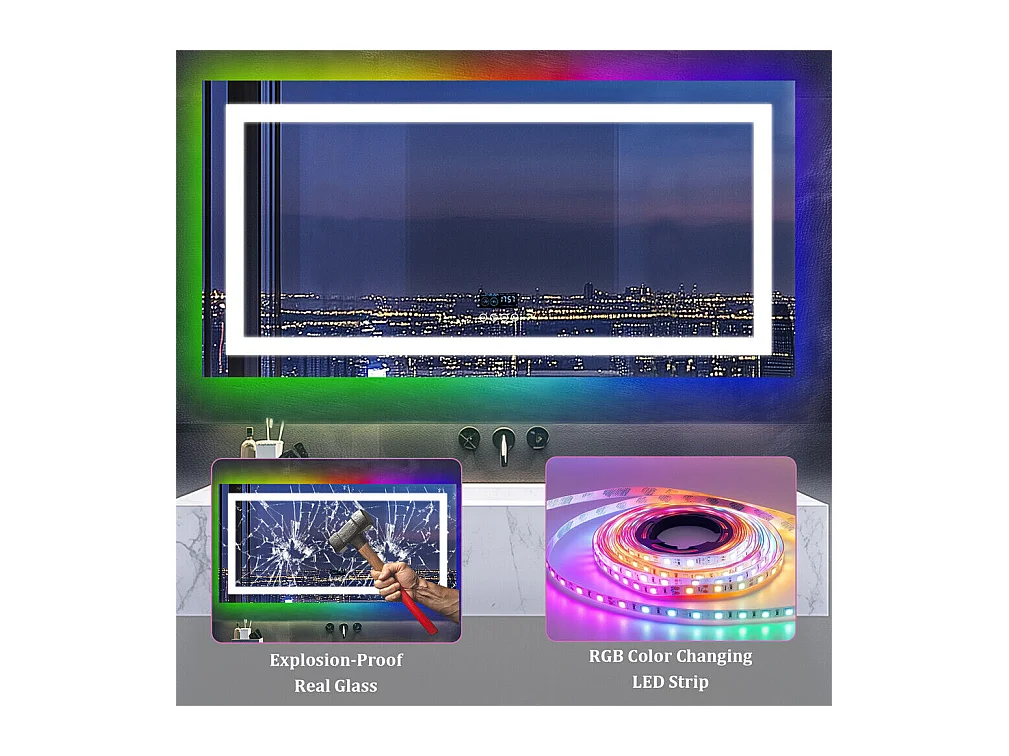Badkamerspiegel 151x78cm RGB en LED verstelbaar + anti-condens + Bluetooth 5.2 + Klok + 3 kleuren 4 knoppen