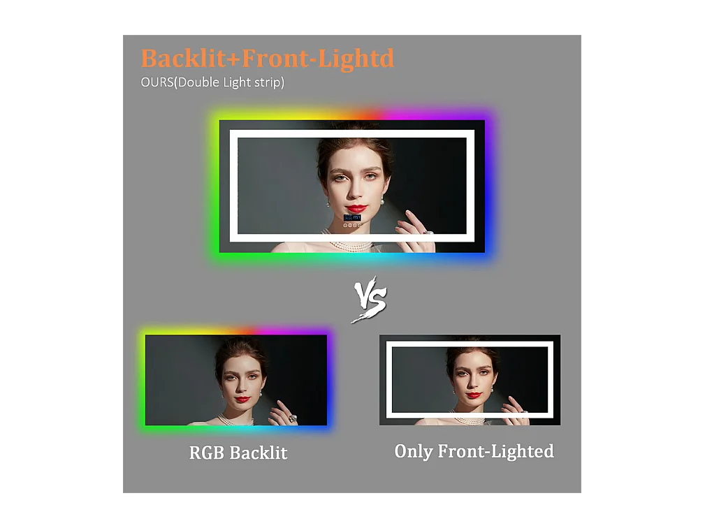 Badkamerspiegel 151x78cm RGB en LED verstelbaar + anti-condens + Bluetooth 5.2 + Klok + 3 kleuren 4 knoppen