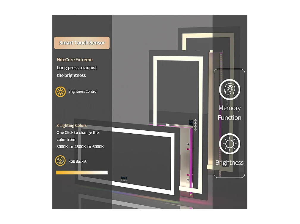 Badkamerspiegel 151x78cm RGB en LED verstelbaar + anti-condens + Bluetooth 5.2 + Klok + 3 kleuren 4 knoppen