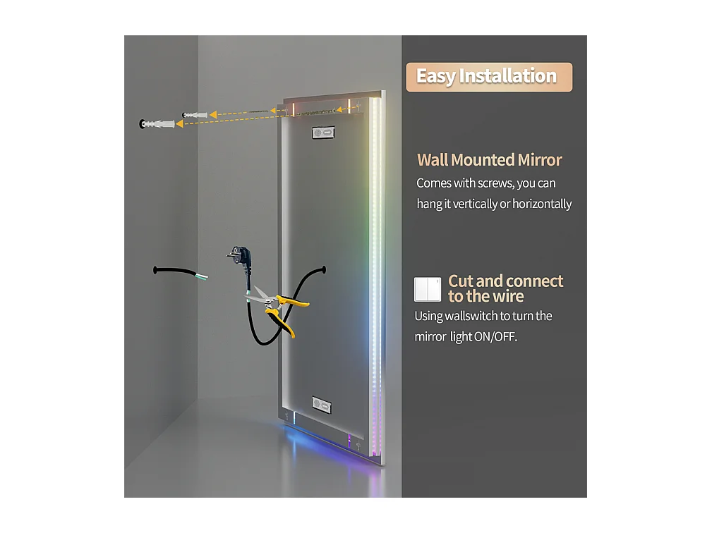 Badkamerspiegel 151x78cm RGB en LED verstelbaar + anti-condens + Bluetooth 5.2 + Klok + 3 kleuren 4 knoppen