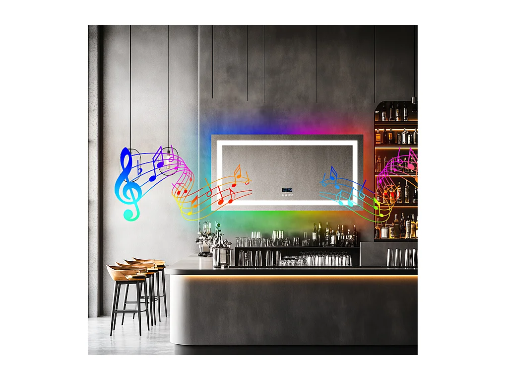 Badkamerspiegel 151x78cm RGB en LED verstelbaar + anti-condens + Bluetooth 5.2 + Klok + 3 kleuren 4 knoppen