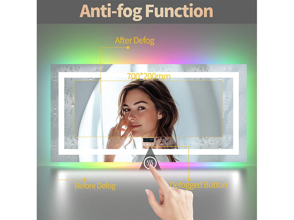 Miroir salle de bain 151x78cm RGB et LED réglable+antibuée+Bluetooth 5.2 +Horloge+3 couleurs 4 boutons