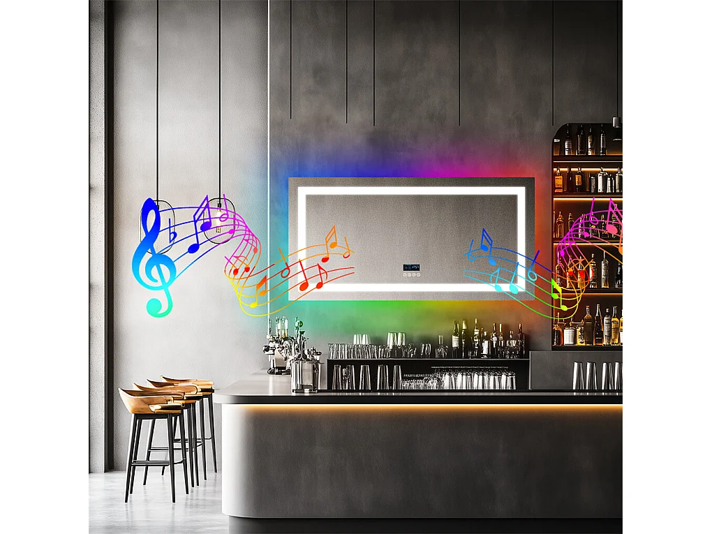 Miroir salle de bain 151x78cm RGB et LED réglable+antibuée+Bluetooth 5.2 +Horloge+3 couleurs 4 boutons