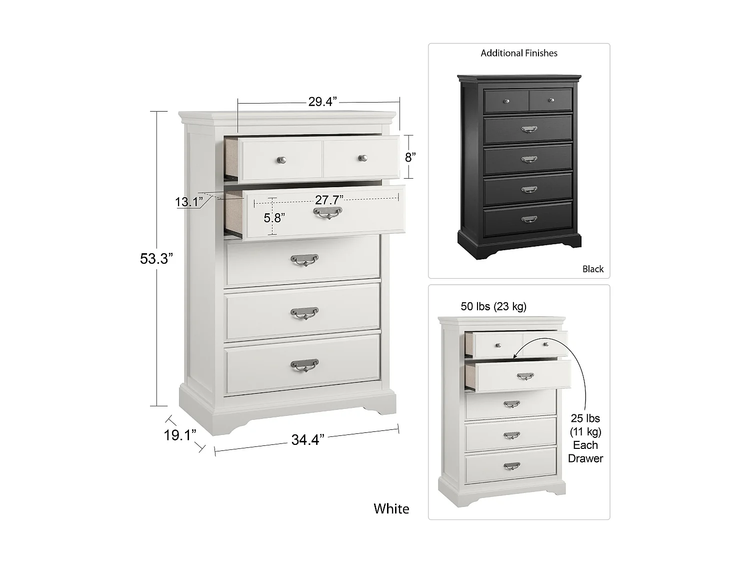 Bristol | Commode à 5 tiroirs en MDF blanc