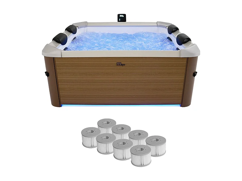 Spa rigide 6 places hydromassages. 4 coussins + 8 filtres. OSLO AMBER. beige. L 160 x P 160 x H 65 cm