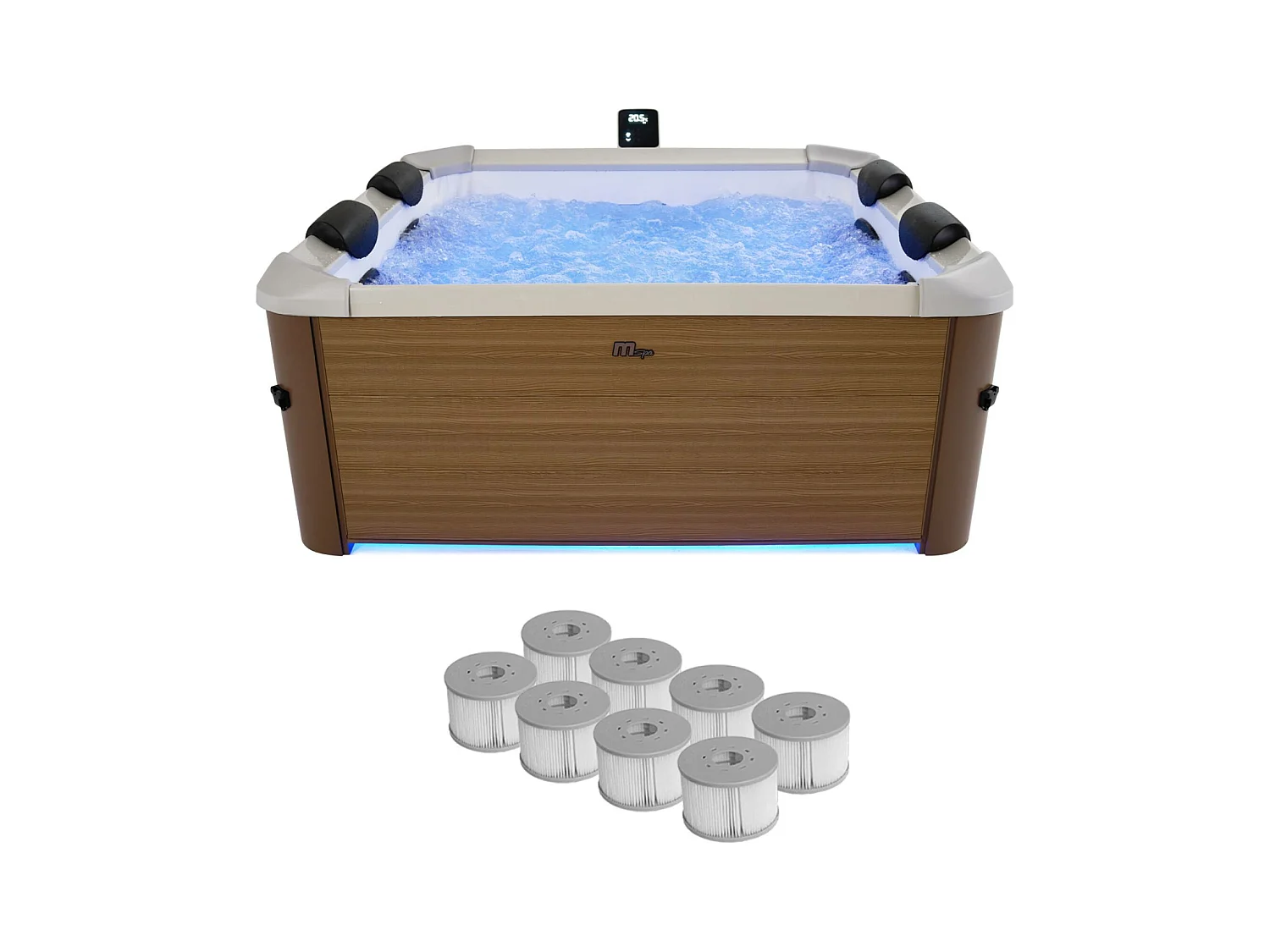 Spa rigide 6 places hydromassages. 4 coussins + 8 filtres. OSLO AMBER. beige. L 160 x P 160 x H 65 cm