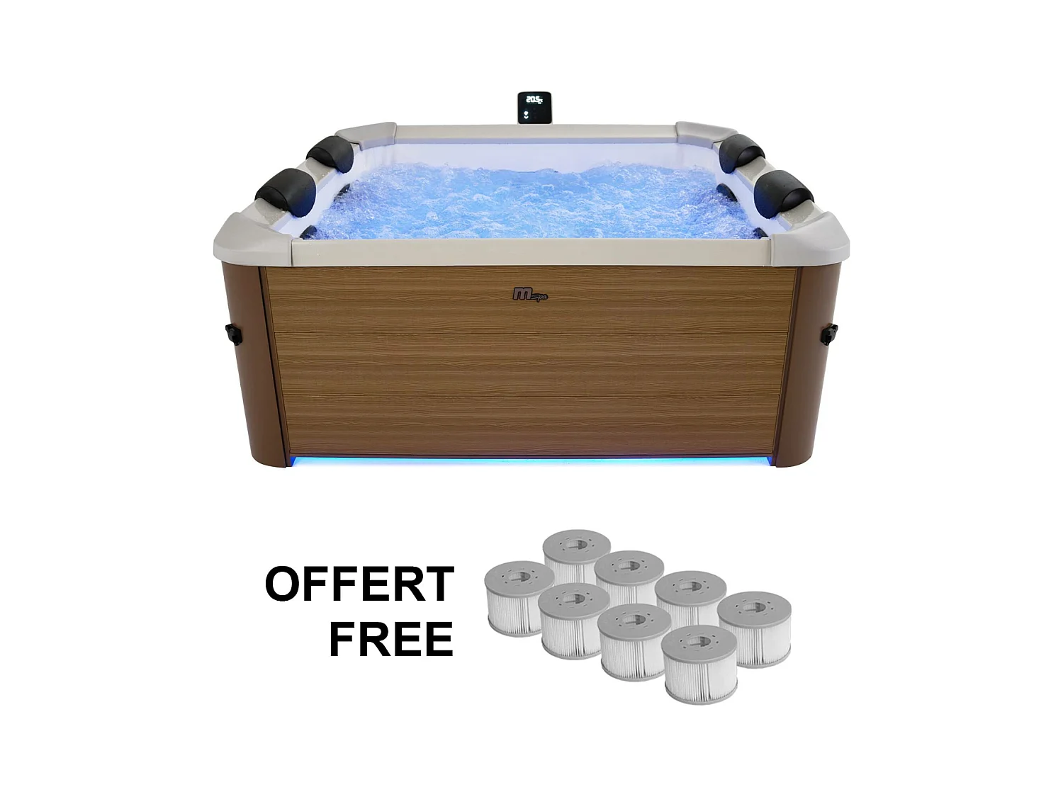 Spa rigide 6 places hydromassages. 4 coussins + 8 filtres. OSLO AMBER. beige. L 160 x P 160 x H 65 cm