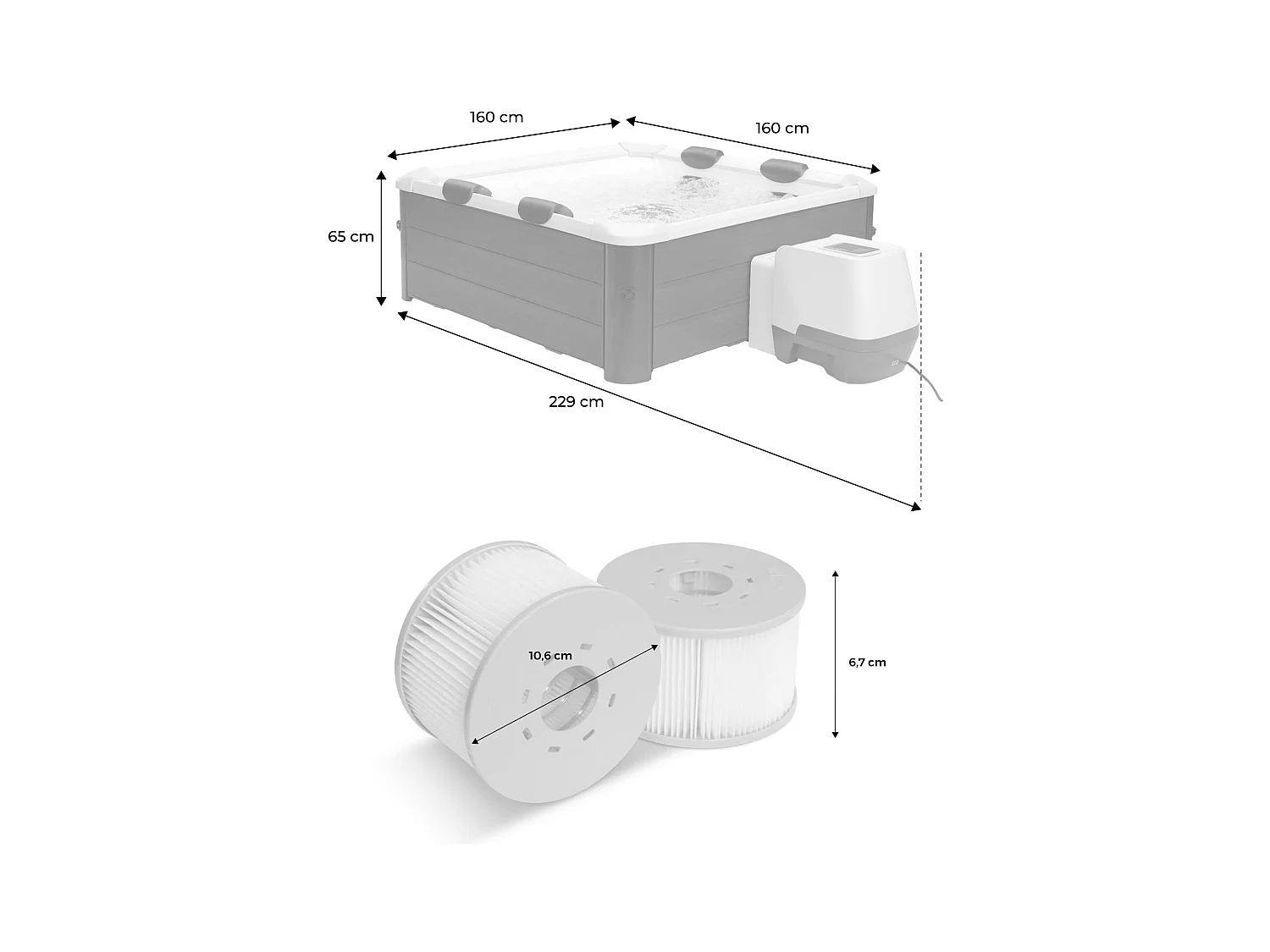 Spa rigide 6 places hydromassages. 4 coussins + 8 filtres. OSLO AMBER. beige. L 160 x P 160 x H 65 cm