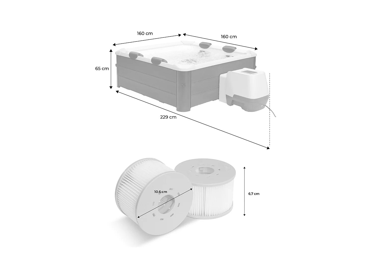 Spa rigide 6 places hydromassages. 4 coussins + 8 filtres. OSLO AMBER. beige. L 160 x P 160 x H 65 cm