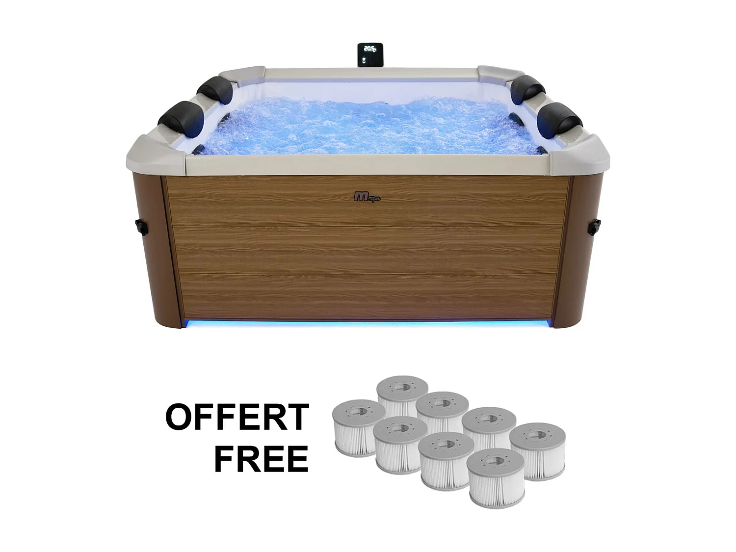 Spa rigide 6 places hydromassages. 4 coussins + 8 filtres. OSLO AMBER. beige. L 160 x P 160 x H 65 cm