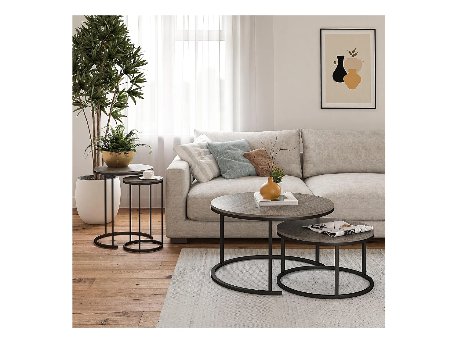 Set di 4 tavolini impilabili e tavolini in truciolare rovere grigio