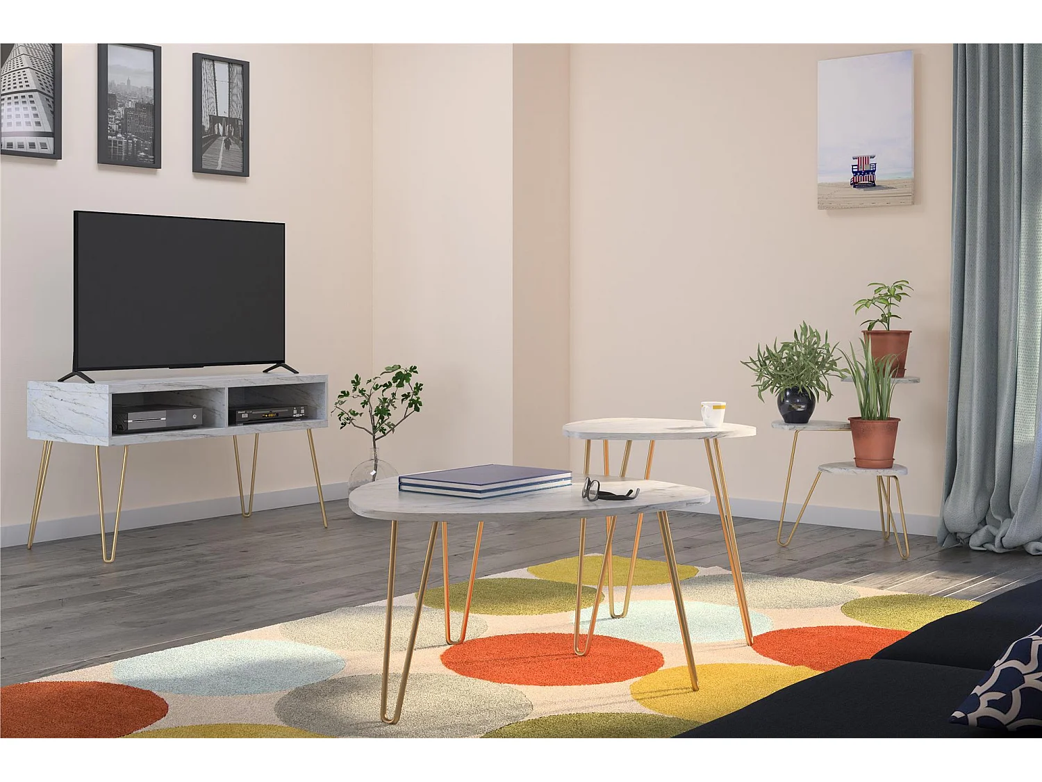 Athena | Tables gigognes en panneaux de particules stratifié PVC marbre blanc