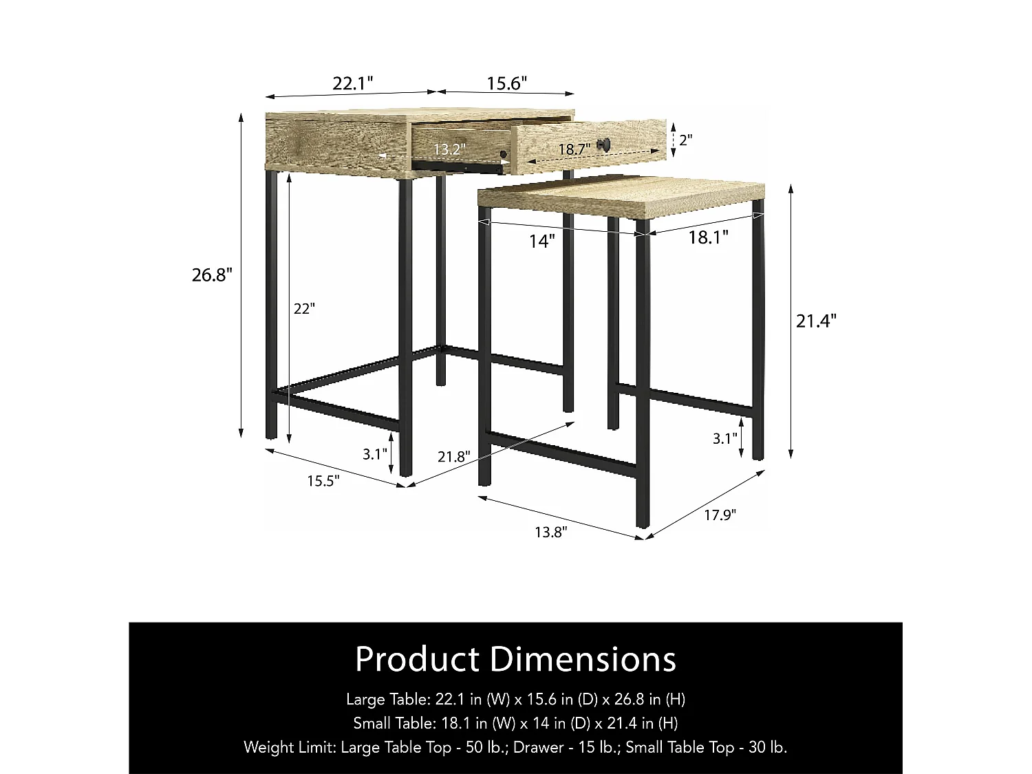 Tamlin | Tables d'appoint set de 2 en panneaux de particules mélaminés nature