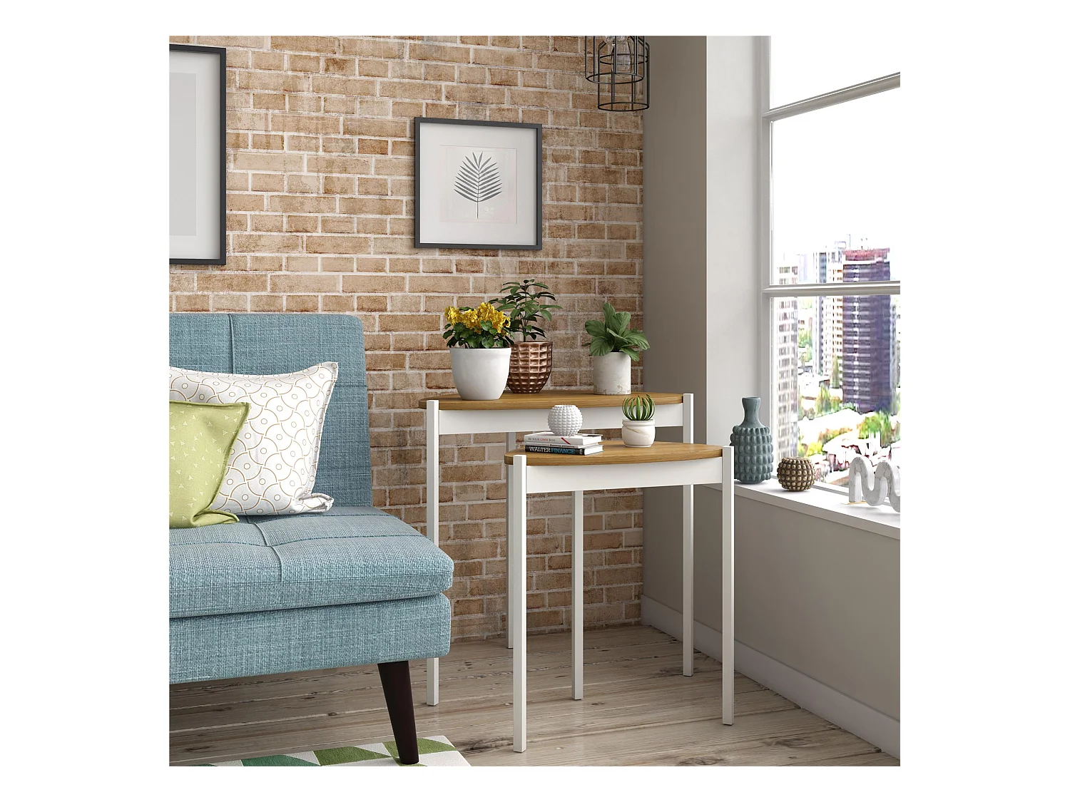 Bijzettafels in MDF walnoot en frame in metaal wit