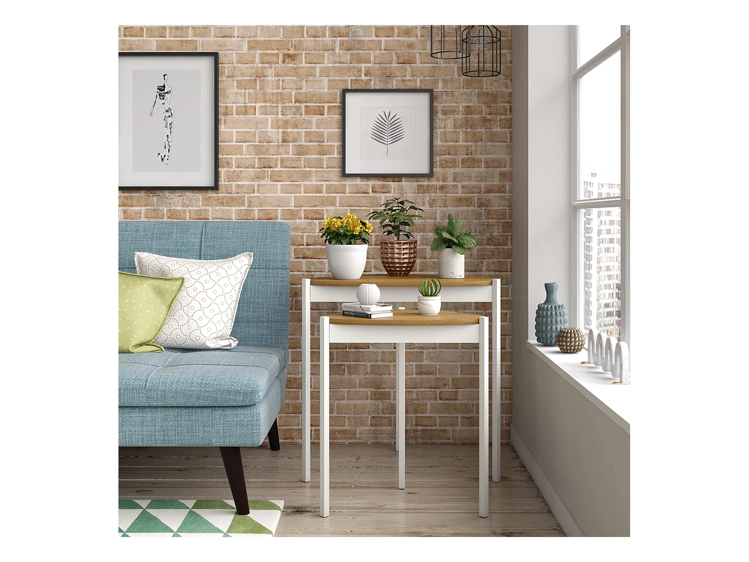 Bijzettafels in MDF walnoot en frame in metaal wit