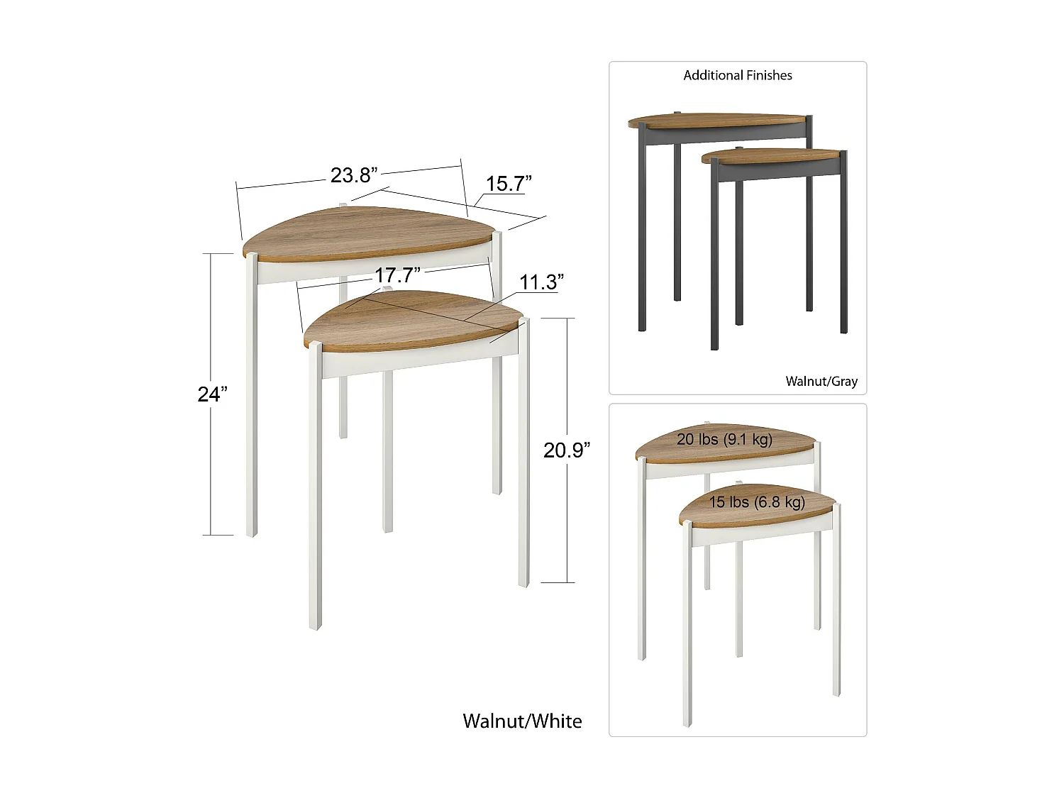Tallulah | Tables gigognes en MDF noyer et structure en métal blanc