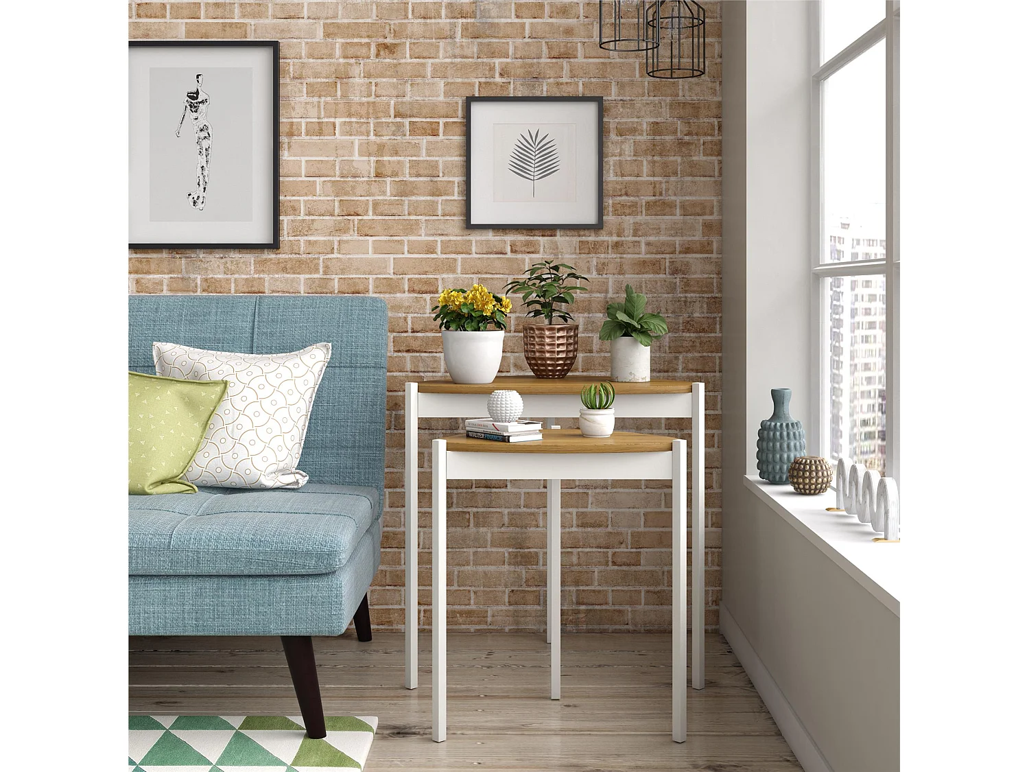 Tallulah | Tables gigognes en MDF noyer et structure en métal blanc