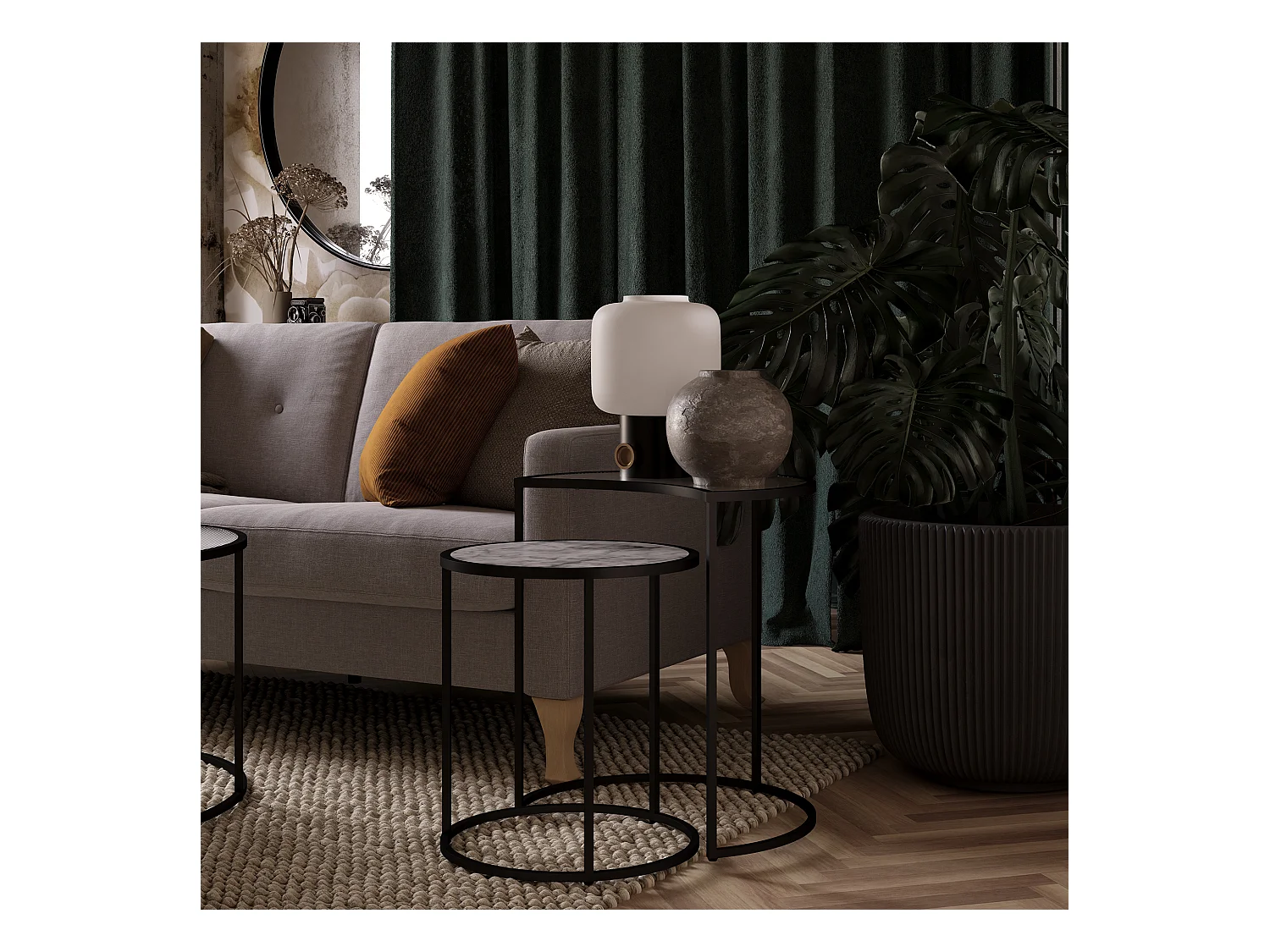 Bijzettafels in glas wit marmer en metalen onderstel in zwart