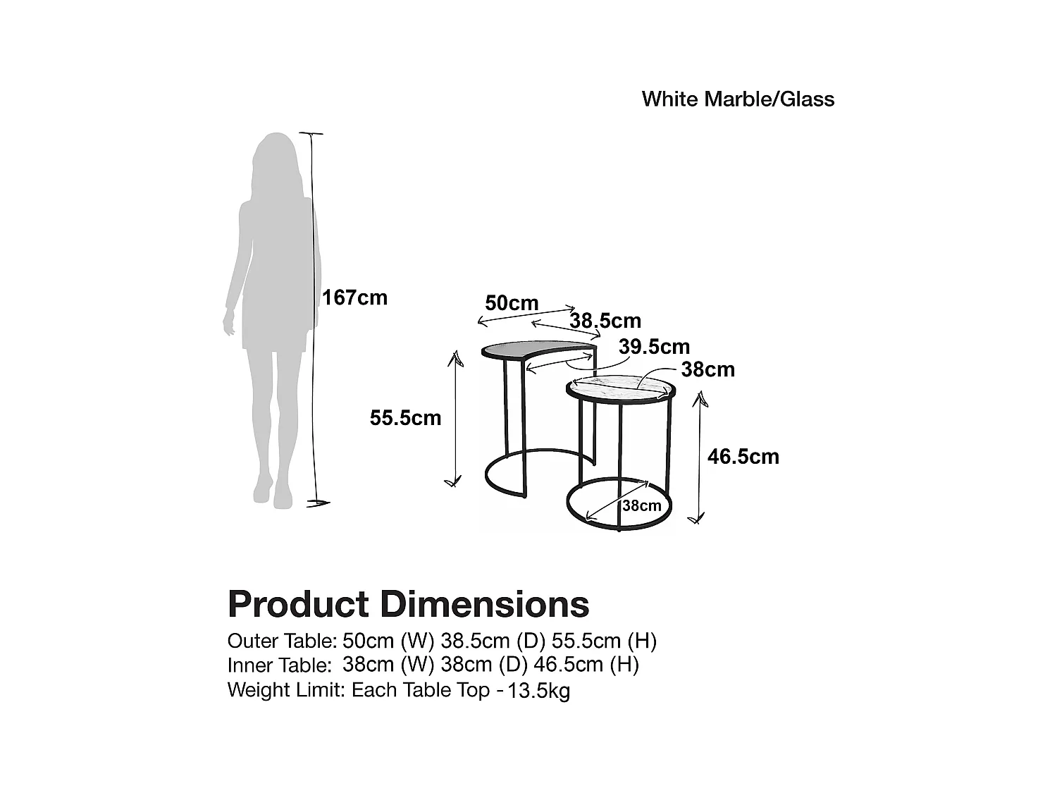 Bijzettafels in glas wit marmer en metalen onderstel in zwart