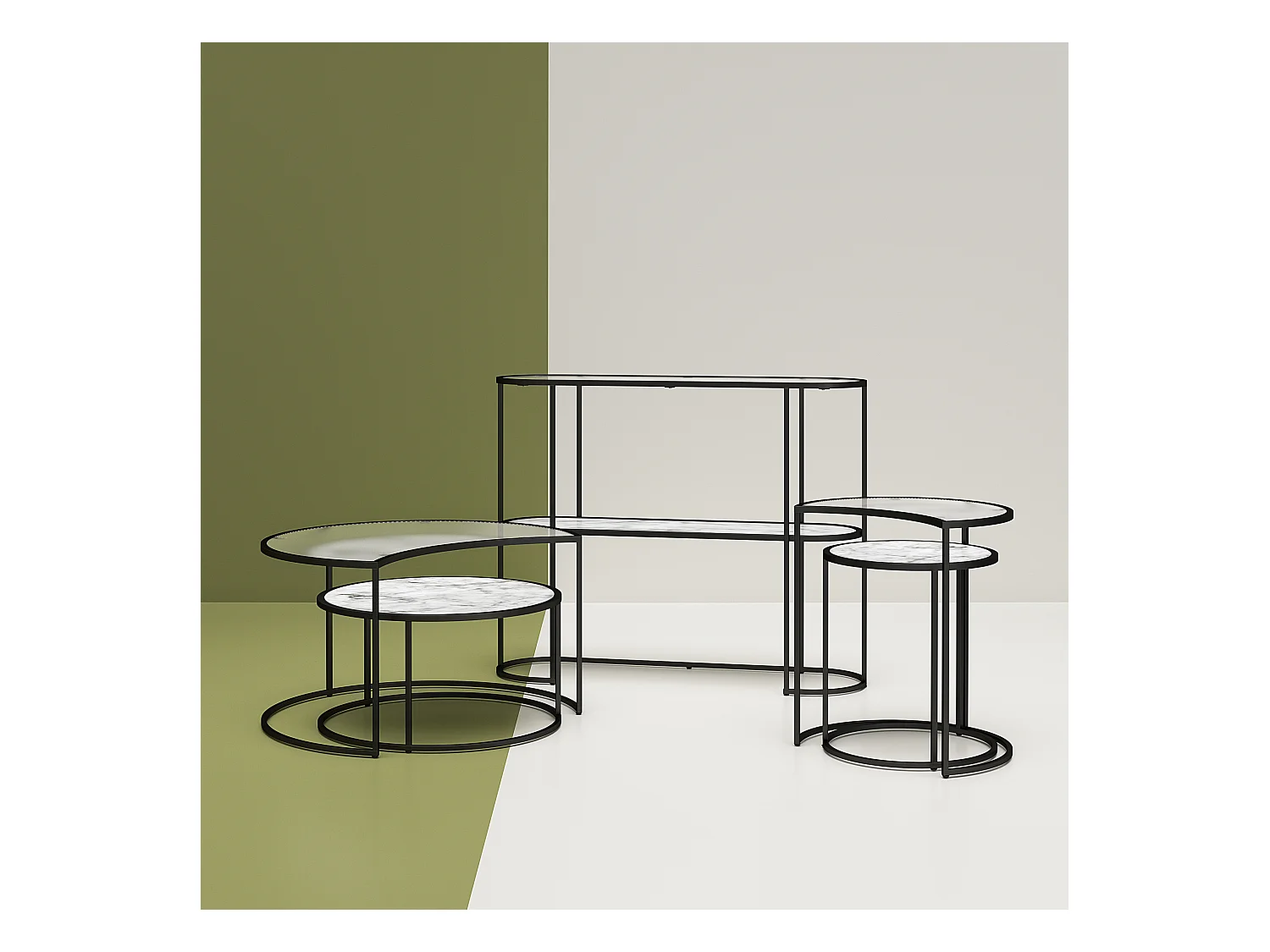 Bijzettafels in glas wit marmer en metalen onderstel in zwart