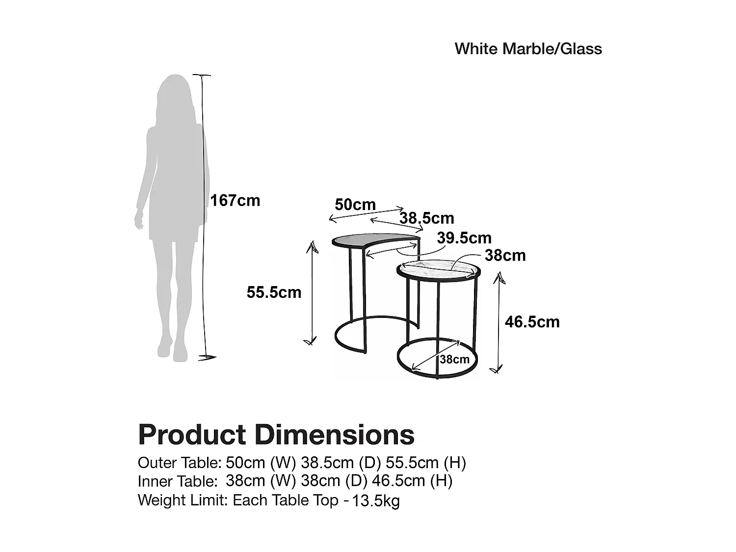 Tables gigognes en verre marbre blanc et piètement en métal noir
