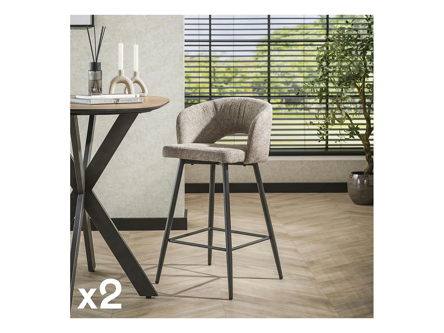Tabouret de bar beige sable en velours tissé avec dossier ouvert (lot de 2) GALWAY