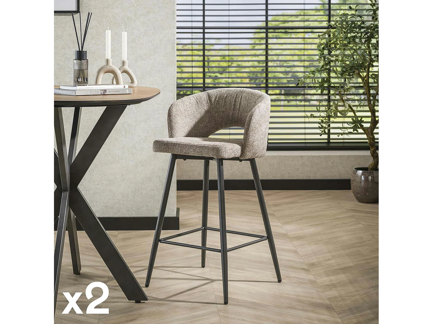 Tabouret de bar beige sable en velours tissé avec dossier ouvert (lot de 2) GALWAY