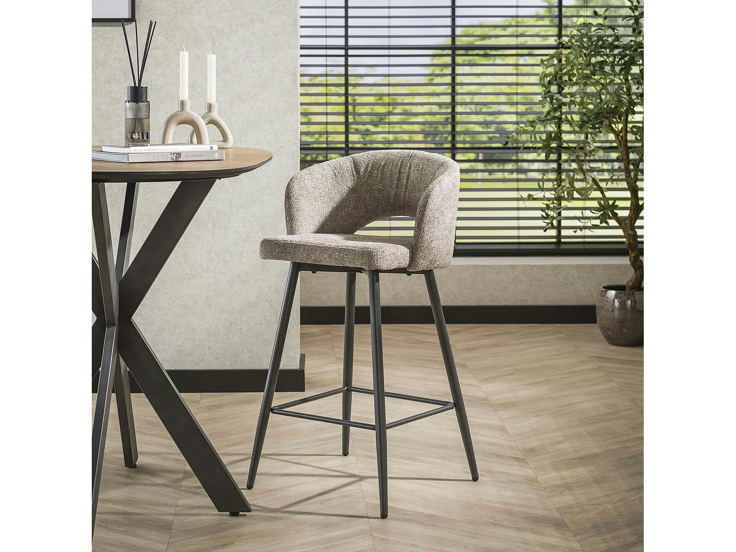 Tabouret de bar beige sable en velours tissé avec dossier ouvert (lot de 2) GALWAY