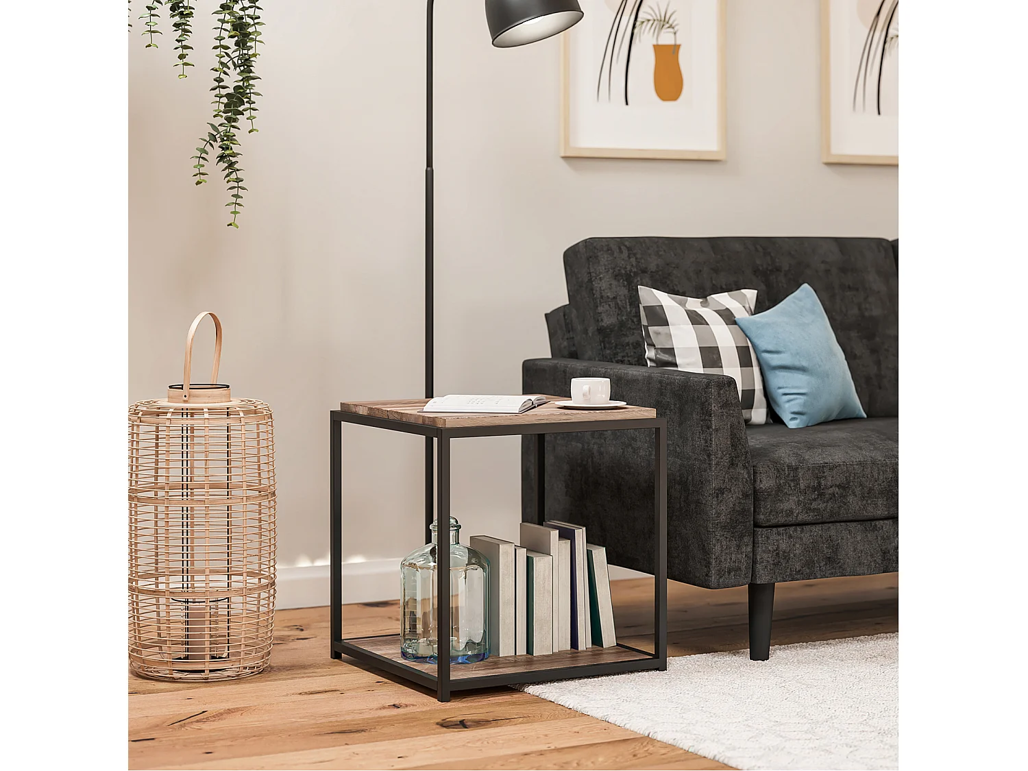 Quincy | Table d'appoint avec 1 étagère en panneaux de partic. mélaminés chêne